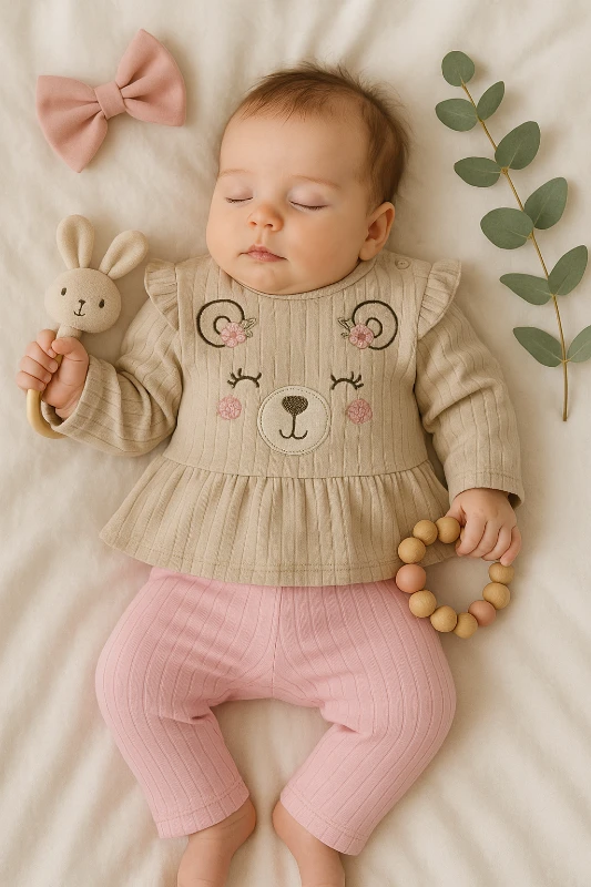 Mutlu Ayıcık Nakışlı Raporlu Kumaş 2’li Bebek Takım