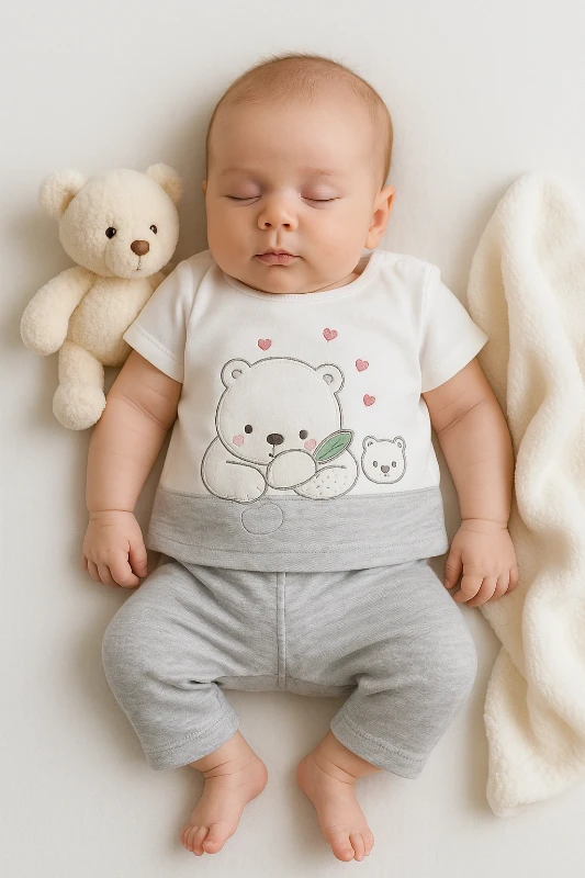Yazlık Kampanyalı Ayıcık Nakışlı 2’li Bebek Takım