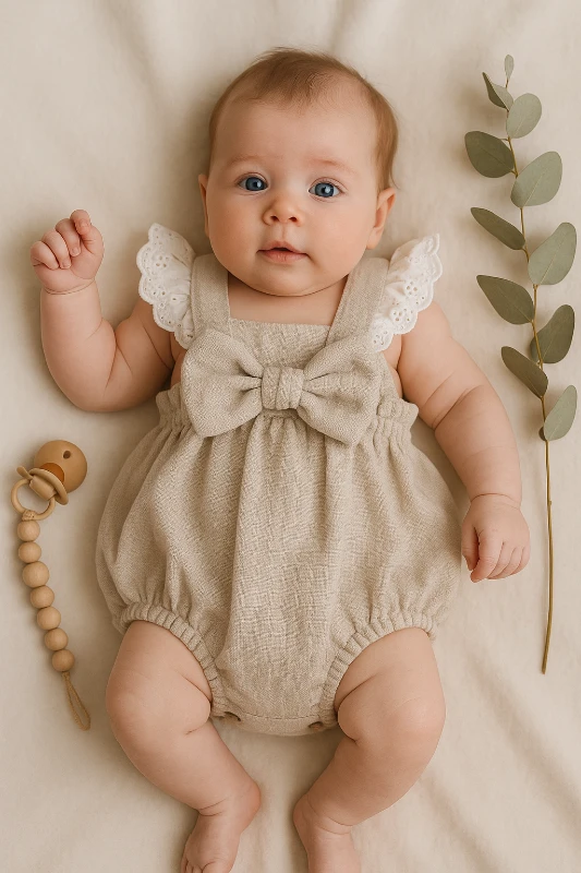 Yazlık Kolları Danttelli Fiyonklu Bebek Romper