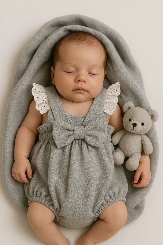 Yazlık Kolları Danttelli Fiyonklu Bebek Romper