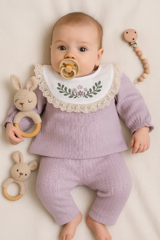 Önlük Yakası Çiçek Nakışlı Raporlu Kumaş 2’li Bebek Takım