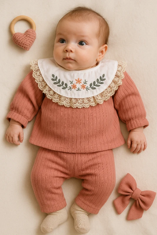 Önlük Yakası Çiçek Nakışlı Raporlu Kumaş 2’li Bebek Takım