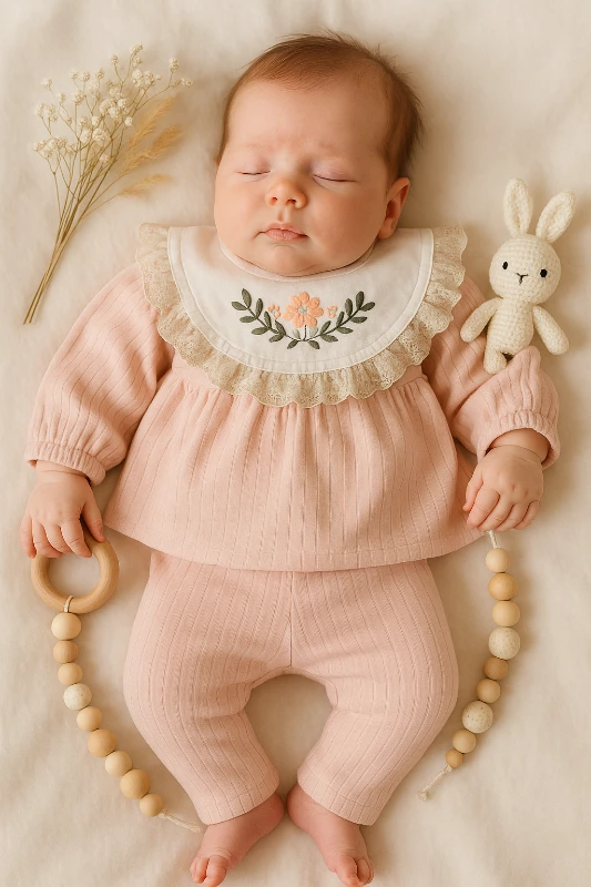 Önlük Yakası Çiçek Nakışlı Raporlu Kumaş 2’li Bebek Takım