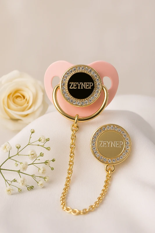 İsme Özel Taşlı Emzik Zinciri Emzik Tutacağı ve Emzik Set Model - 34