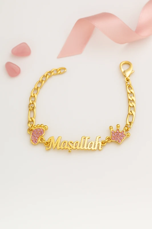 Maşallah Yazılı Taşlı Altın Kaplama Bileklik - Model 8