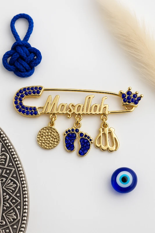 Maşallah Yazılı Taşlı Altın Kaplama Yaka İğnesi - Model 10