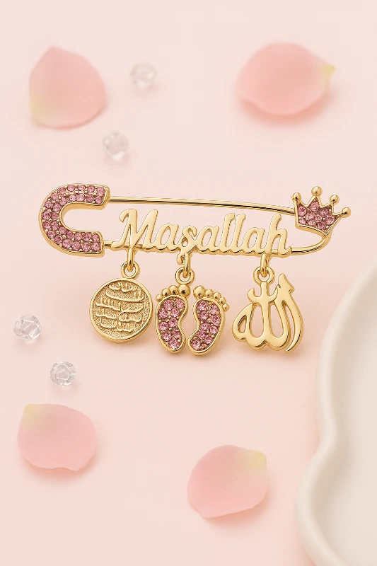 Maşallah Yazılı Taşlı Altın Kaplama Yaka İğnesi - Model 6