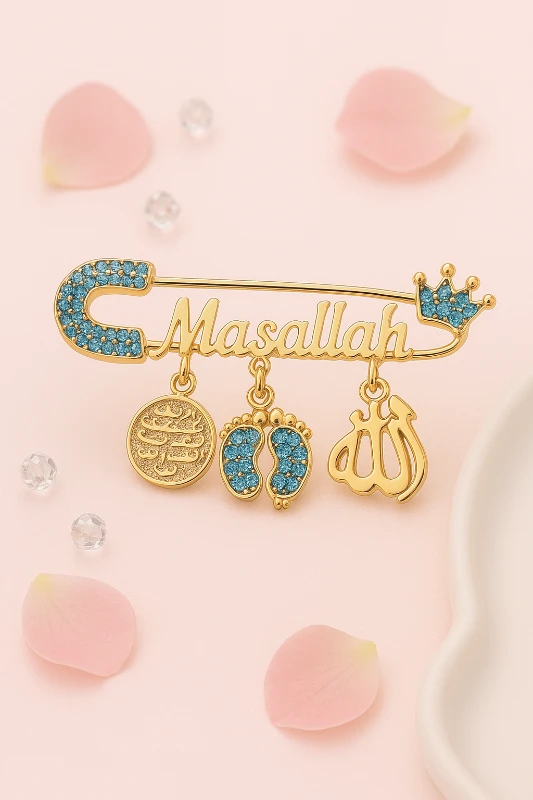 Maşallah Yazılı Taşlı Altın Kaplama Yaka İğnesi - Model 7