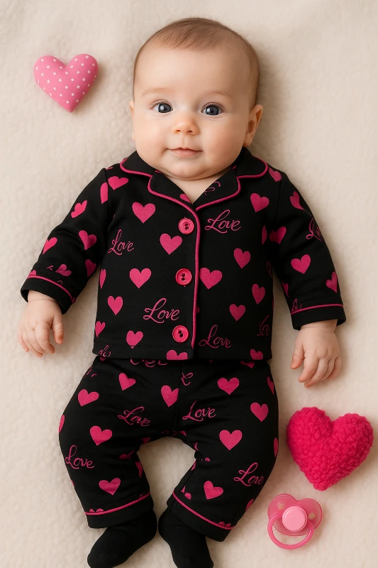 Pembe Kalpler Desenli 2’li Bebek Pijama Takım