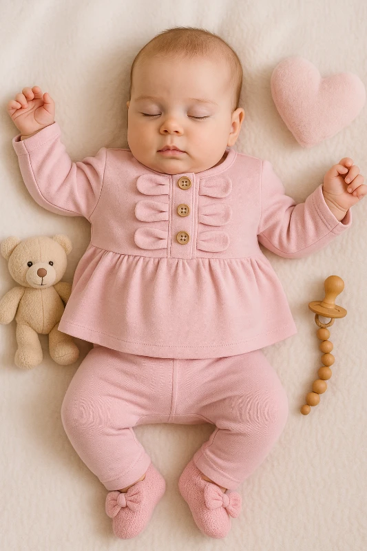 Fiyonk Detaylı Tek Renk 2’li Bebek Takım