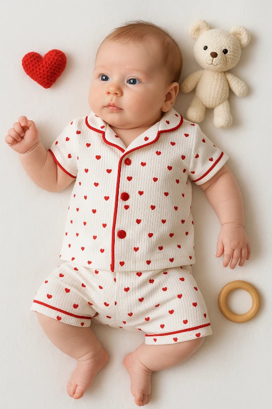 Dolaş Yazlık Minik Kalpler Baskılı Raporlu Kumaş 2’li Bebek Pijama Takım