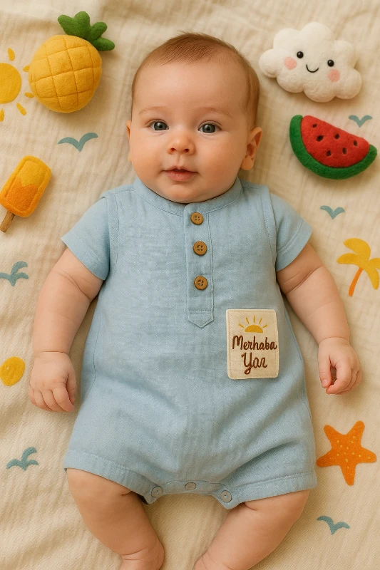 Ersin Bebe Yazlık Ahşap Düğmeli Müslin Kumaş Bebek Tulum