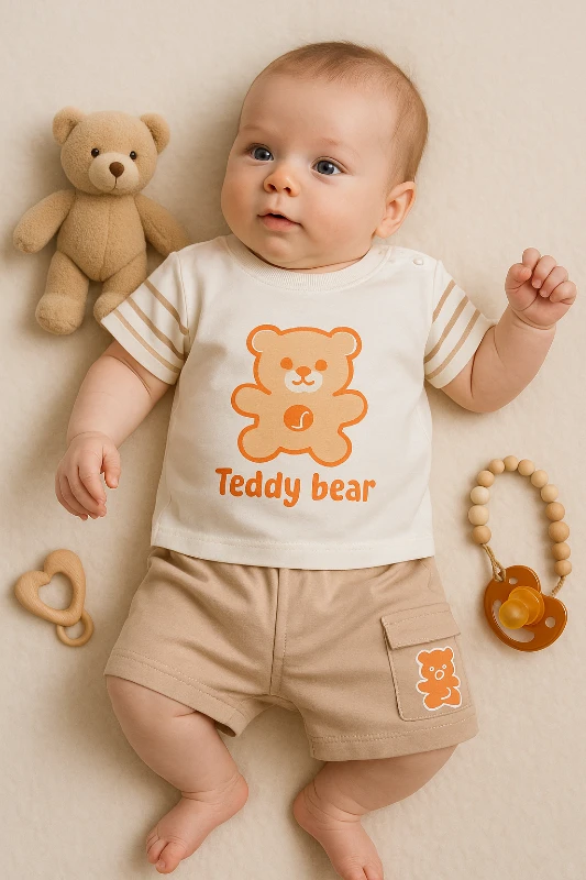 Kiddimax Yazlık Teddy Bear Ayıcık Baskılı 2’li Bebek Takım