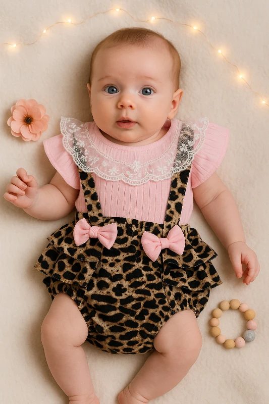 Yazlık Yakası Dantelli Çift Fiyonklu Leopar Desenli Bebek Romper