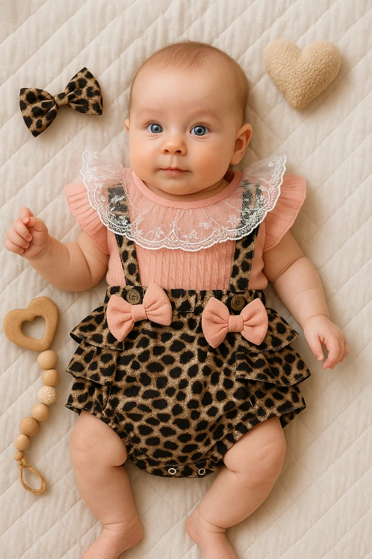 Yazlık Yakası Dantelli Çift Fiyonklu Leopar Desenli Bebek Romper