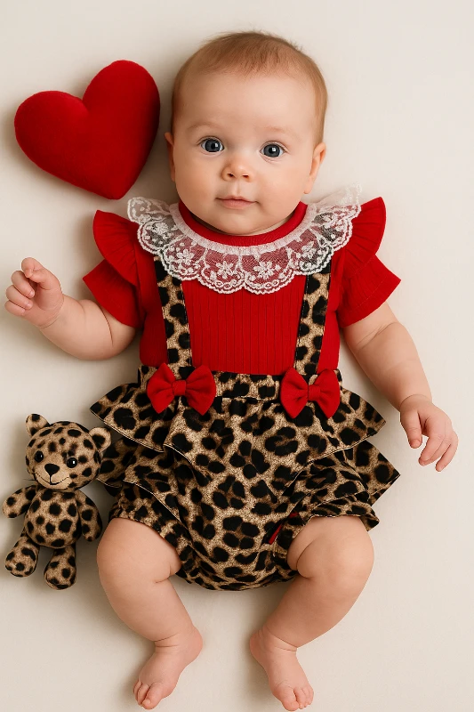 Yazlık Yakası Dantelli Çift Fiyonklu Leopar Desenli Bebek Romper