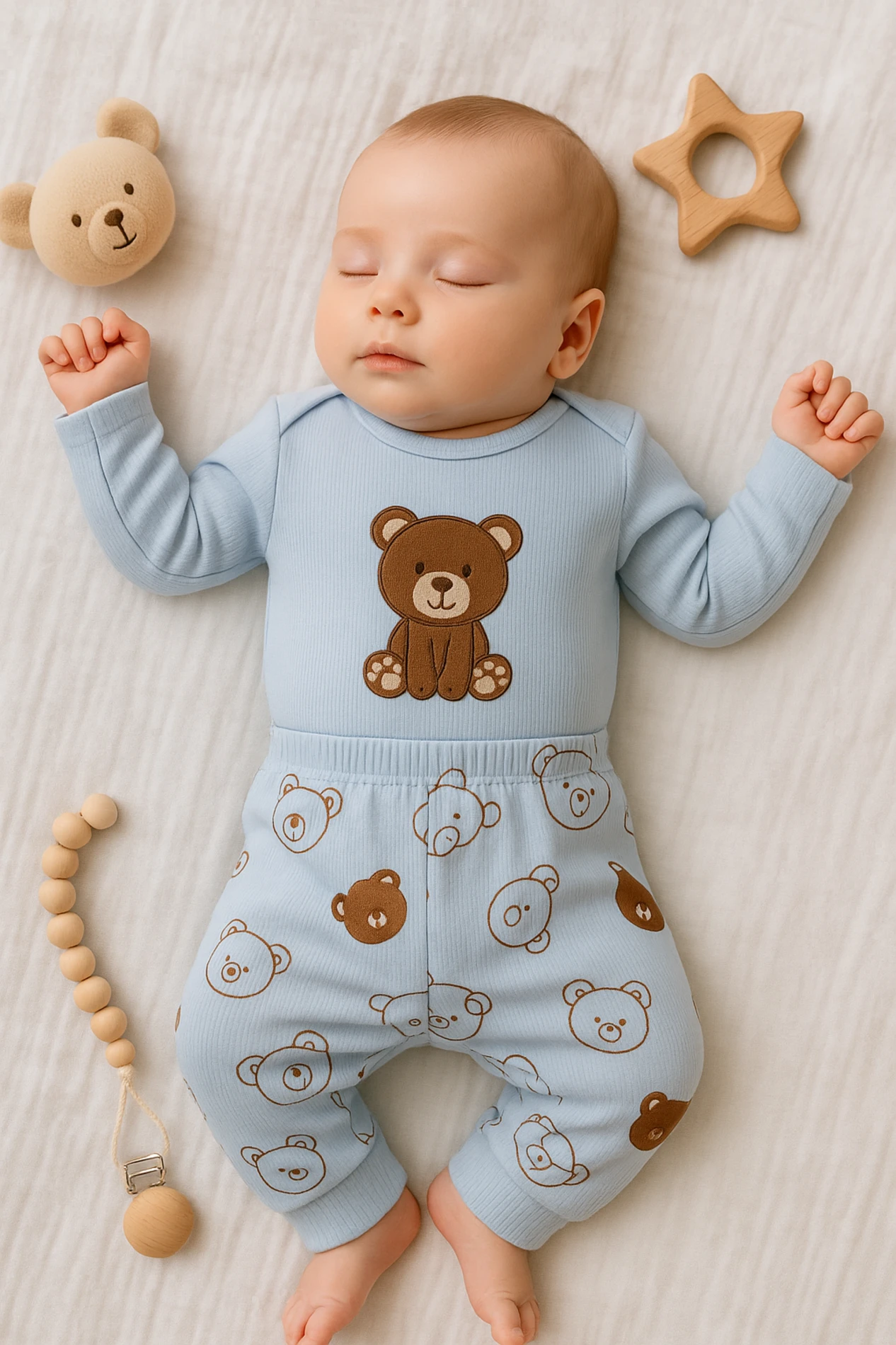 Kahverengi Büyük Ayıcık Baskılı Raporlu Kumaş 2’li Bebek Takım