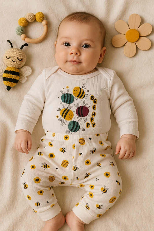 Bee Happy Baskılı Raporlu Kumaş 2’li Bebek Takım