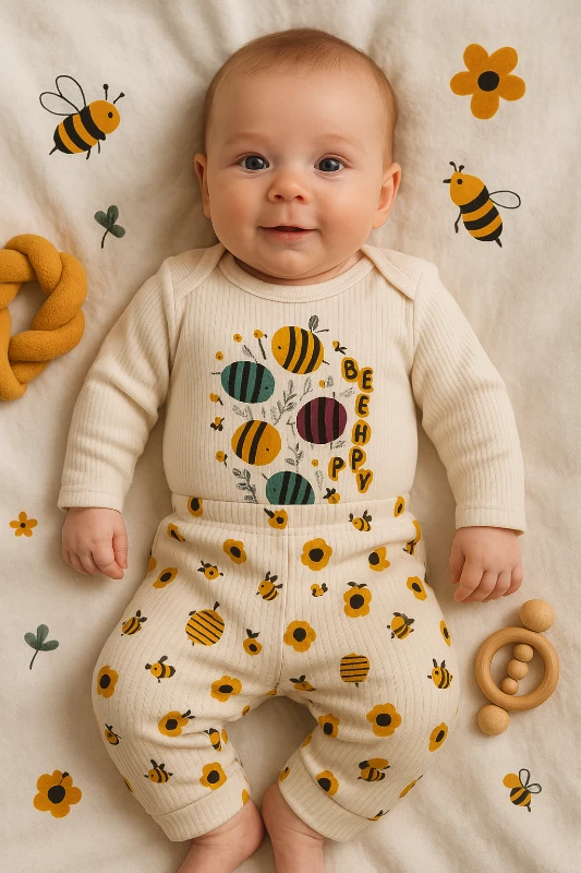 Bee Happy Baskılı Raporlu Kumaş 2’li Bebek Takım