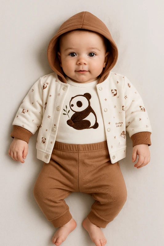 Hırkalı Panda Nakışlı Badili 3’lü Bebek Takım