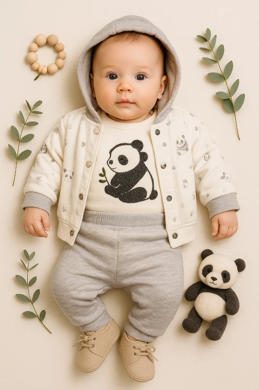 Hırkalı Panda Nakışlı Badili 3’lü Bebek Takım