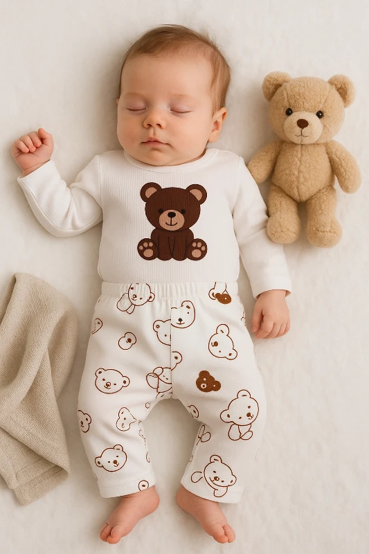 Kahverengi Büyük Ayıcık Baskılı Raporlu Kumaş 2’li Bebek Takım