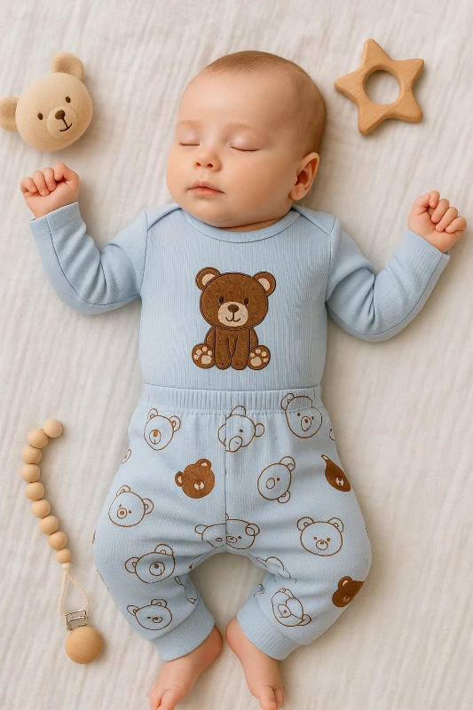 Kahverengi Büyük Ayıcık Baskılı Raporlu Kumaş 2’li Bebek Takım