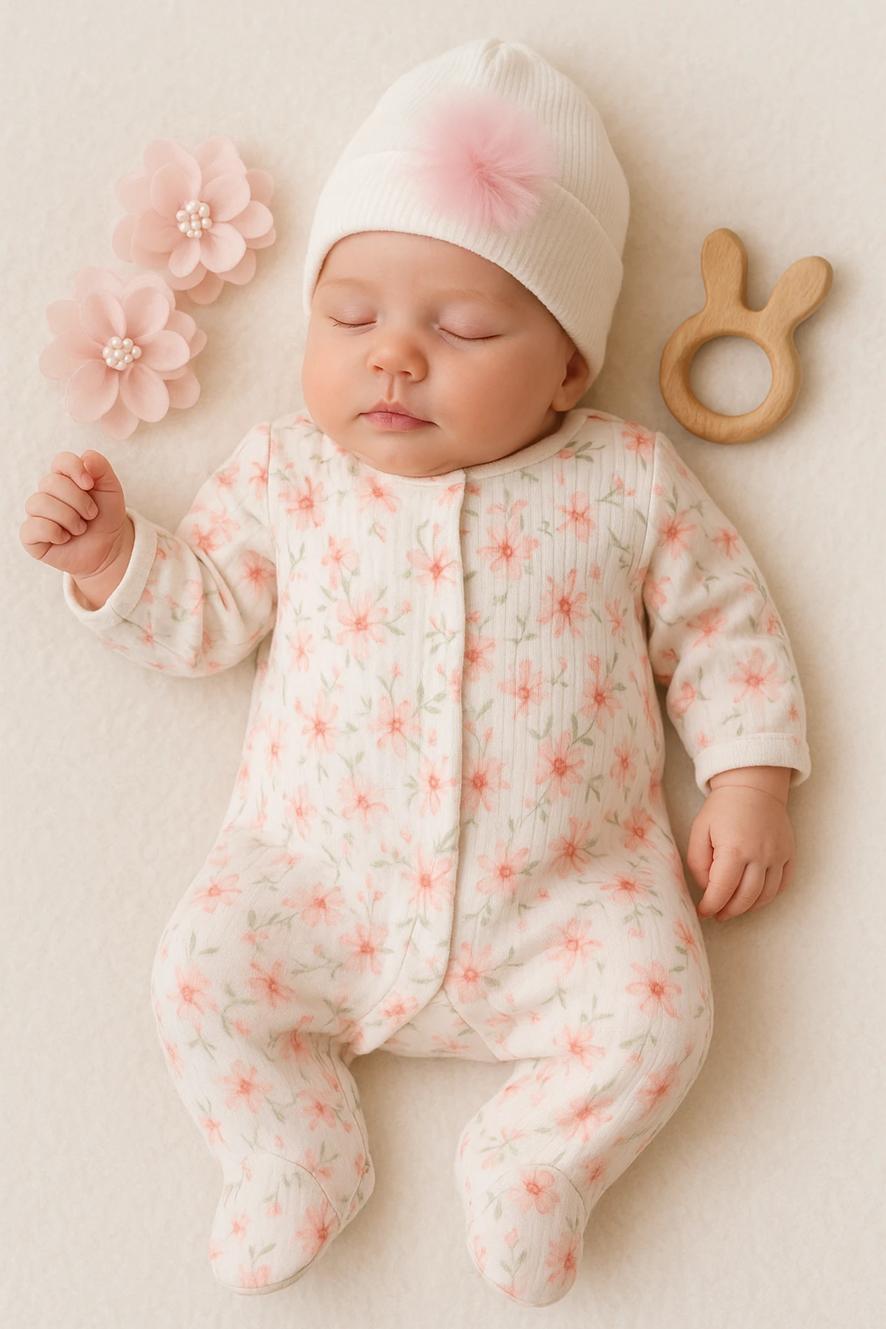 Baby Rico Çiçek Baskılı Şapkalı Kendinden Patikli Bebek Tulum