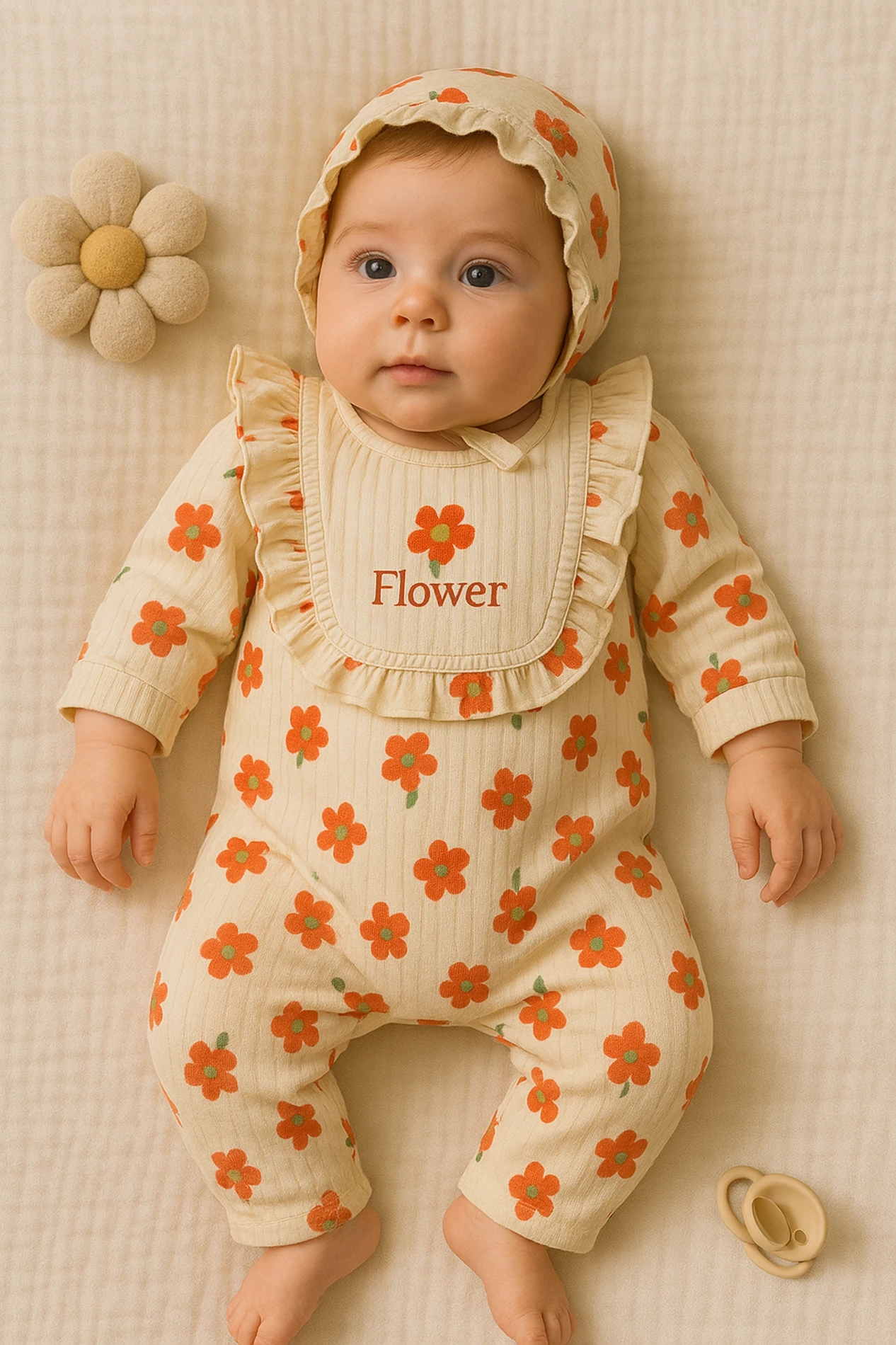 Babymii Flower Nakışlı Şapkalı Bebek Tulum