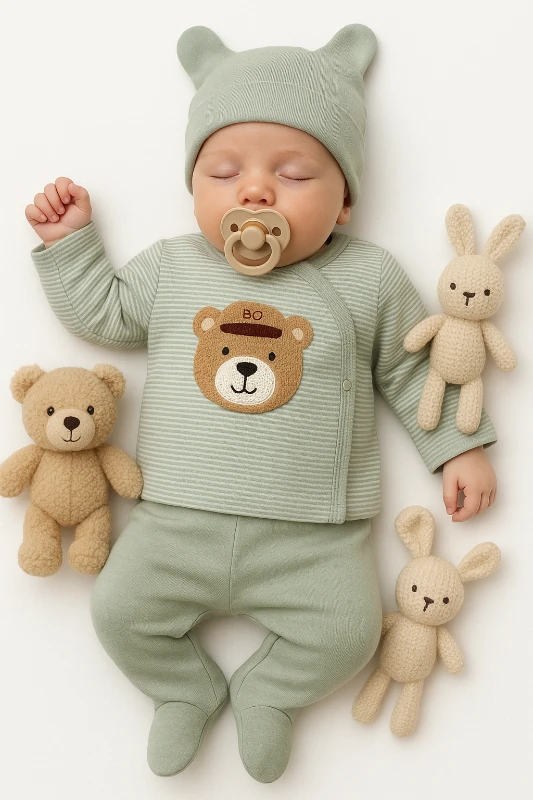 Babycan Çizgili Ayıcık Nakışlı Şapkalı 3’lü Bebek Zıbın Takım