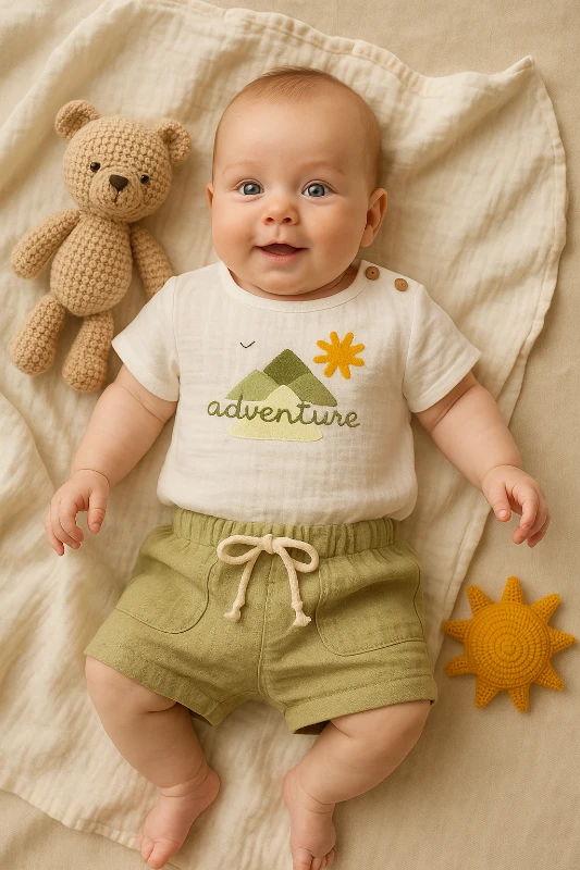 Yazlık Adventure Güneş Nakışlı Müslin Kumaş 2’li Bebek Takım