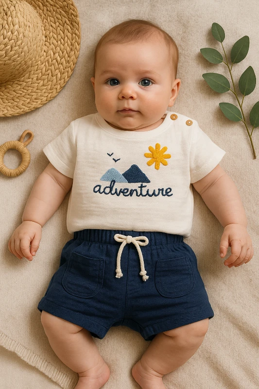 Cancuno Yazlık Adventure Güneş Nakışlı Müslin Kumaş 2’li Bebek Takım