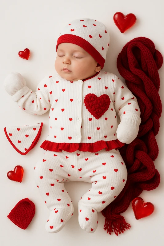 Peluş Kalp Nakışlı 5 Parça Hastane Çıkışı Seti