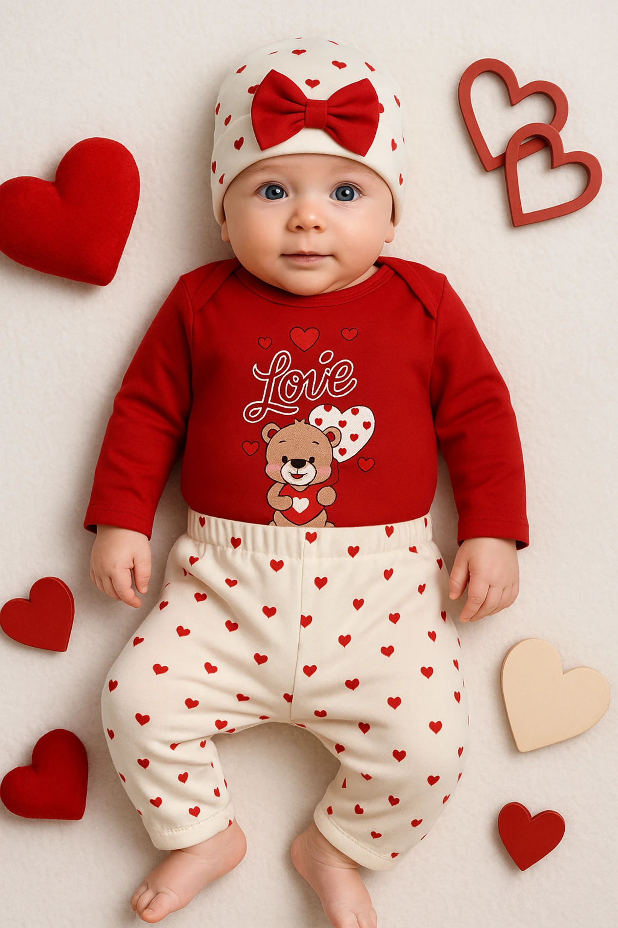 Love Ayıcık Baskılı Şapkalı 3’lü Bebek Takım