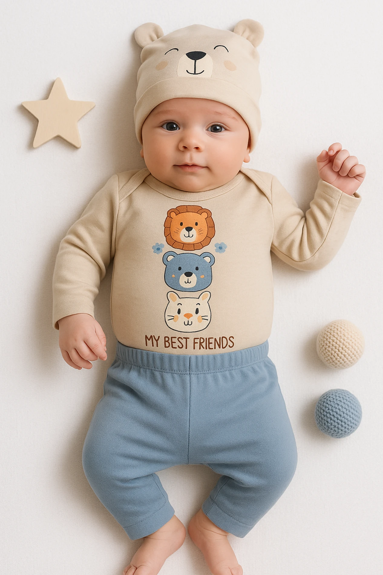My Best Friends Baskılı Şapkalı 3’lü Bebek Takım