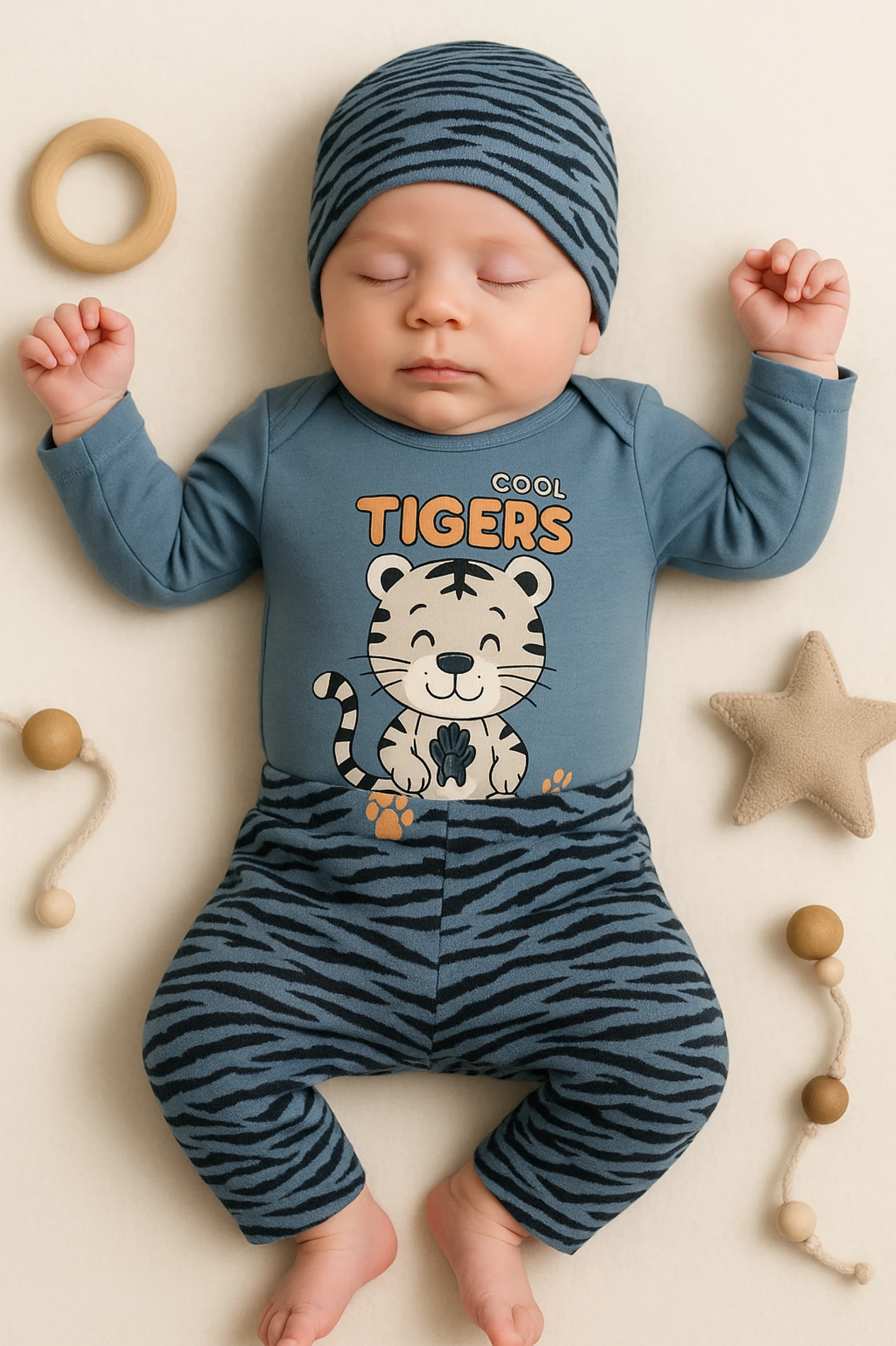 Tiger Baskılı Şapkalı 3’lü Bebek Takım