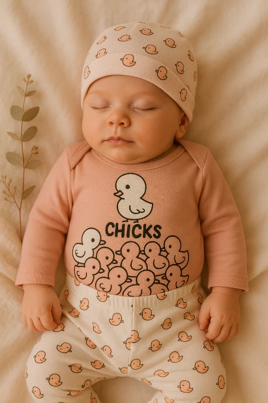 Polifoni Chicks Baskılı Şapkalı 3’lü Bebek Takım