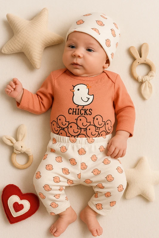 Chicks Baskılı Şapkalı 3’lü Bebek Takım