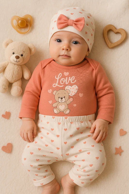 Love Ayıcık Baskılı Şapkalı 3’lü Bebek Takım