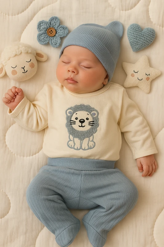 Aslan Nakışlı Şapkalı 3’lü Bebek Zıbın Takım
