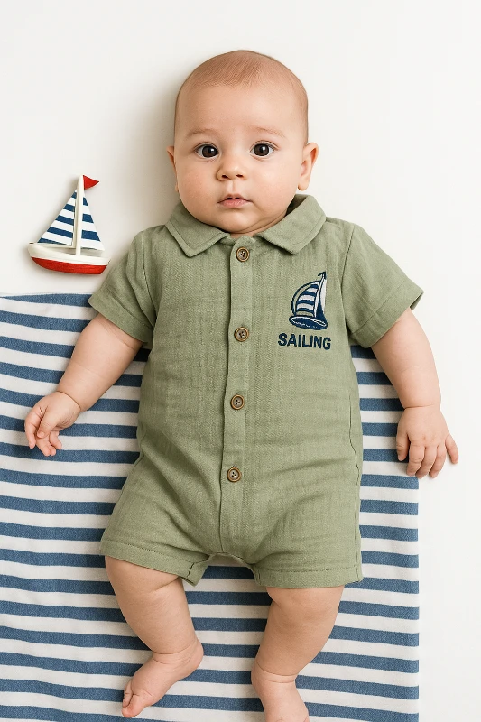 Yazlık Yelken Nakışlı Müslin Kumaş Bebek Tulum