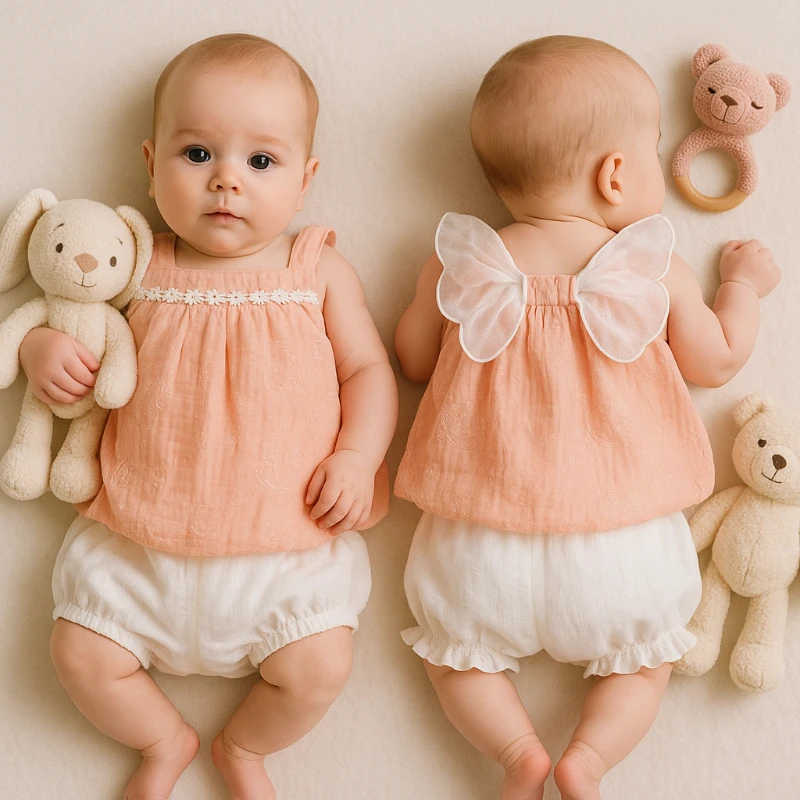Yazlık Arkası Fiyonklu Çiçek Detaylı 2’li Bebek Takım