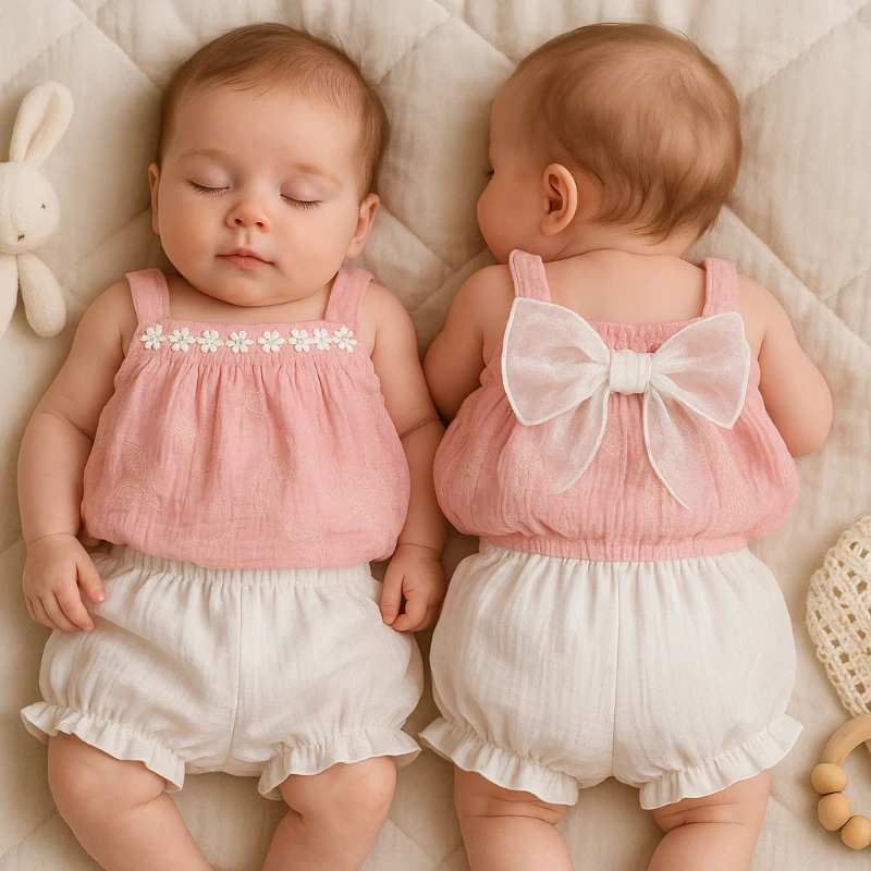 Yazlık Arkası Fiyonklu Çiçek Detaylı 2’li Bebek Takım
