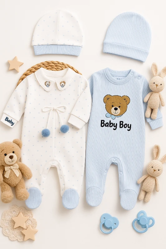 Baby Boy Ayıcık Baskılı Şapkalı Kendinden Patikli 2’li Bebek Tulum Set