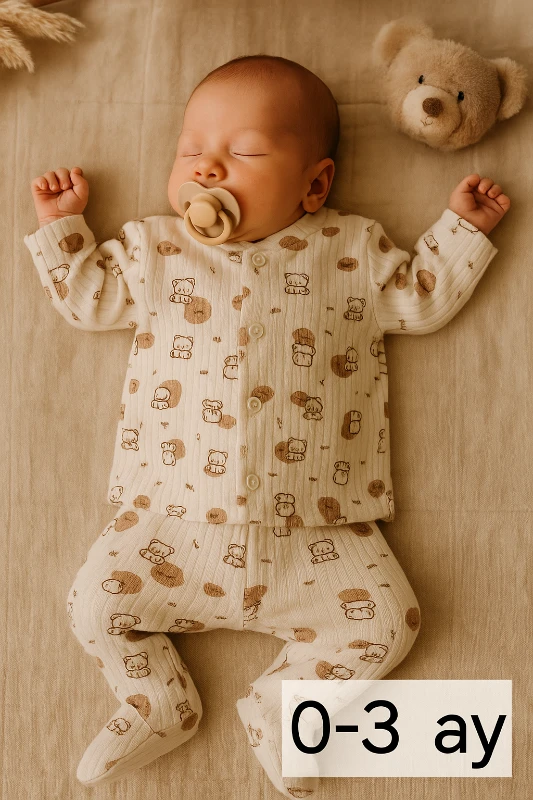 Minik Ayıcıklar Baskılı Raporlu Kumaş Kendinden Patikli 2’li Bebek Takım
