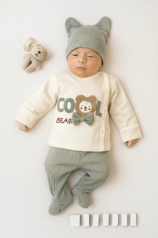 Cool Bear Nakışlı 3 Parça Zıbın Seti