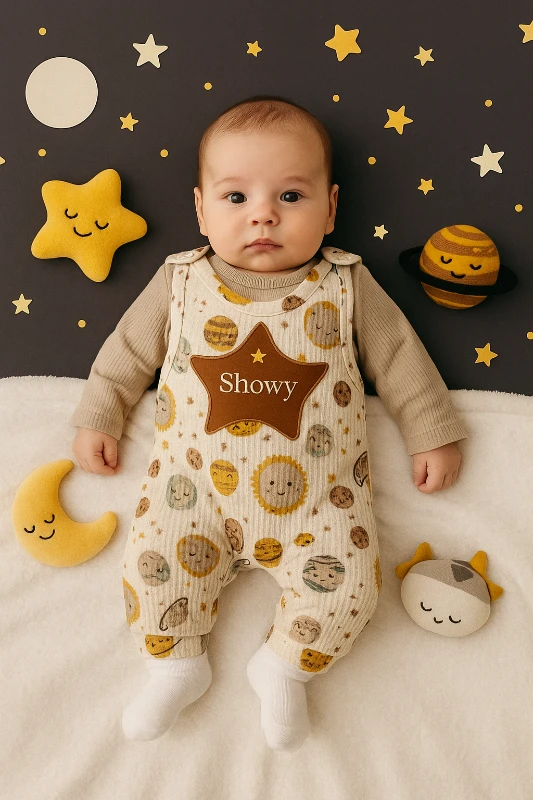 Çorap Hediyeli Showy Yıldız Nakışlı Badili Salopet Bebek Tulum