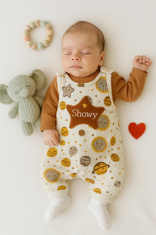 Çorap Hediyeli Showy Yıldız Nakışlı Badili Salopet Bebek Tulum