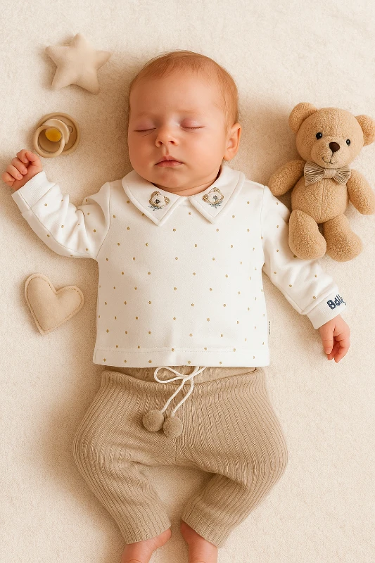 Yakası Ayıcıklar Nakışlı Minik Puantiyeli 2’li Bebek Takım