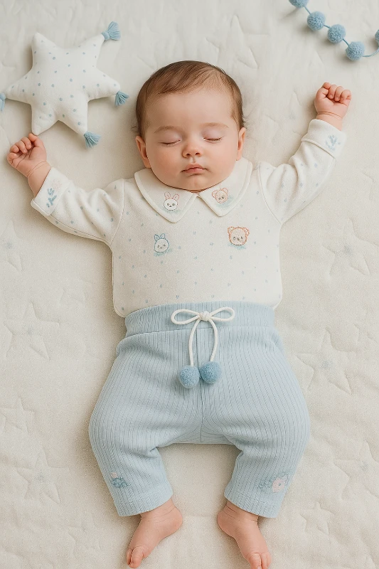 Yakası Ayıcıklar Nakışlı Minik Puantiyeli 2’li Bebek Takım